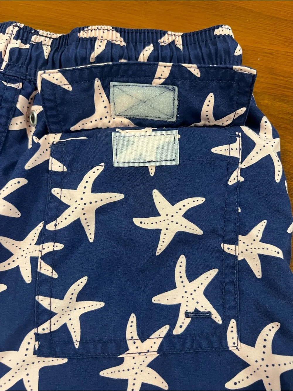 Tom & Teddy Boys Swim Trunks Size 7/8 Navy Blue Light Pink Starfish Mesh Lining